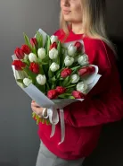 Букет из 25 белых и красных тюльпанов