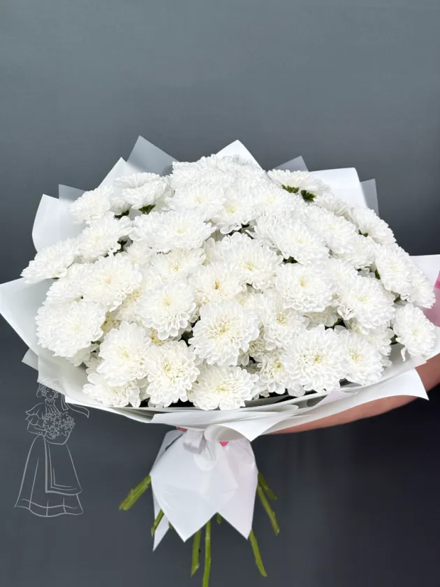 Большой букет из 15 белых, стойких хризантем