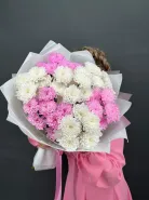 Бело-розовый букет из стойких, пушистых хризантем (7шт)
