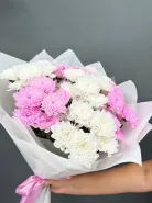 Бело-розовый букет из стойких, пушистых хризантем (7шт)