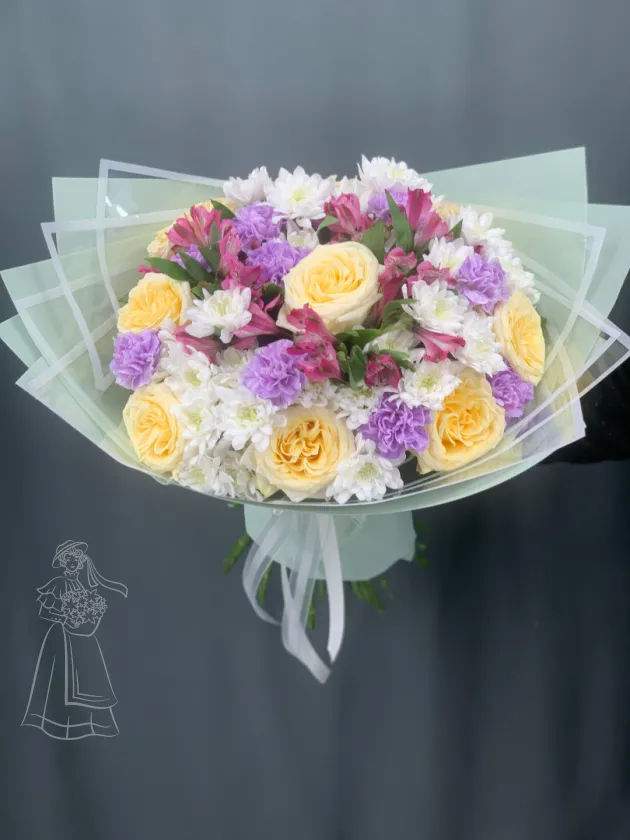  Букет Нежное очарование с розами и диантусами