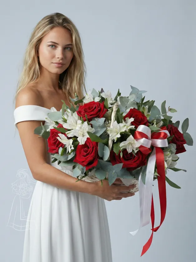 Красивая корзина из  красных роз и белых альстромерий