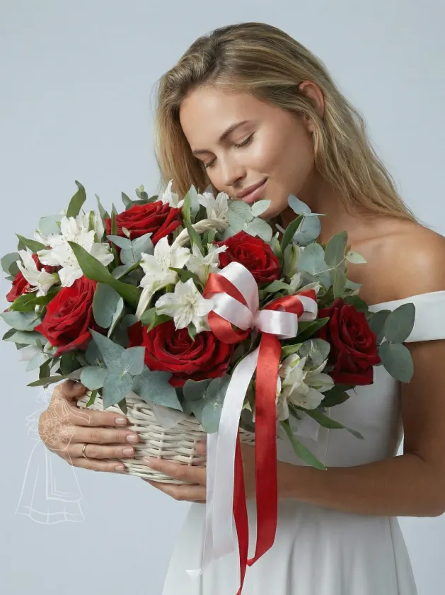 Красивая корзина из  красных роз и белых альстромерий