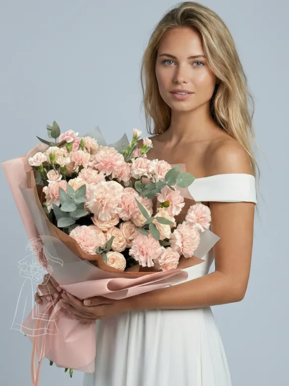 Авторский букет в пудровых тонах из нежно-розовых диантусов и кустовых роз