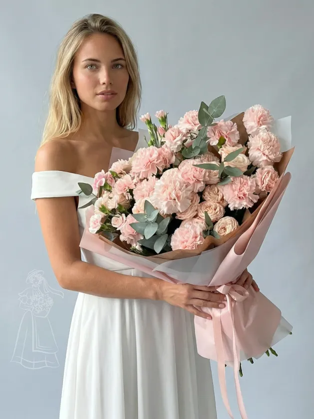 Авторский букет в пудровых тонах из нежно-розовых диантусов и кустовых роз