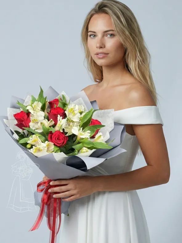 Классический букет из красных роз и белых альстромерий