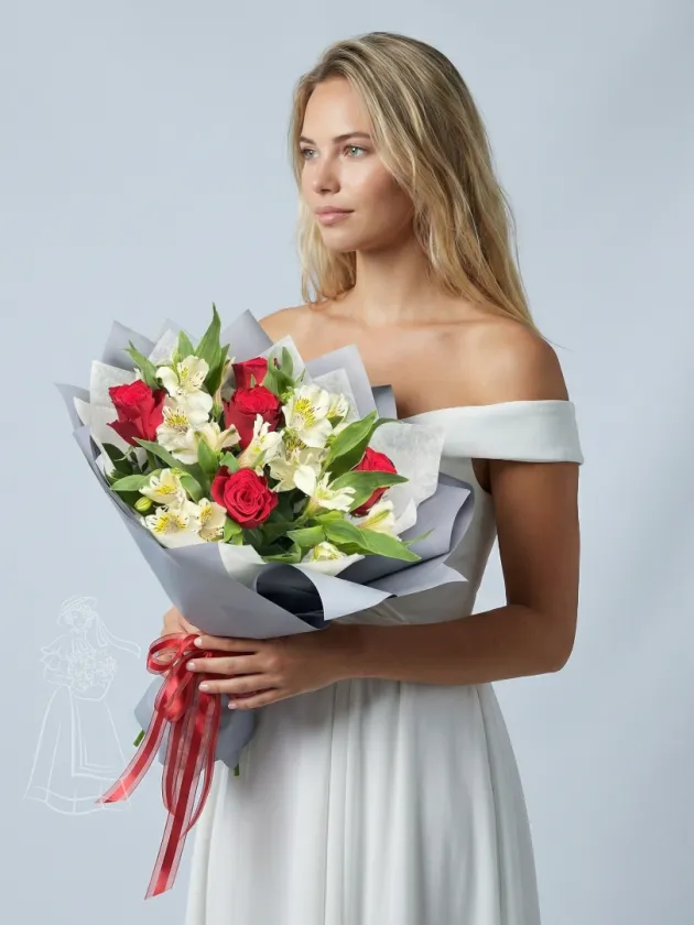 Классический букет из красных роз и белых альстромерий