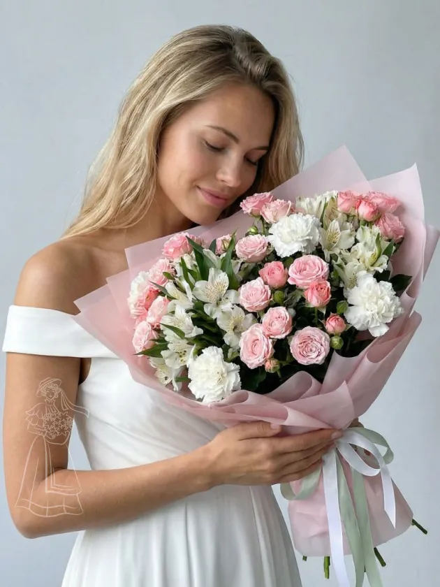 Букет Нежный Рассвет с кустовыми розами и белыми диантусами