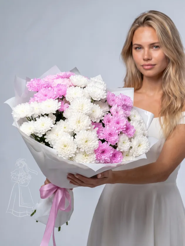 «Нежный Зефир» 9 белых и розовых кустовых хризантем