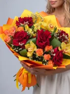 Яркий осенний букет, розы, орхидеи, альстромерии