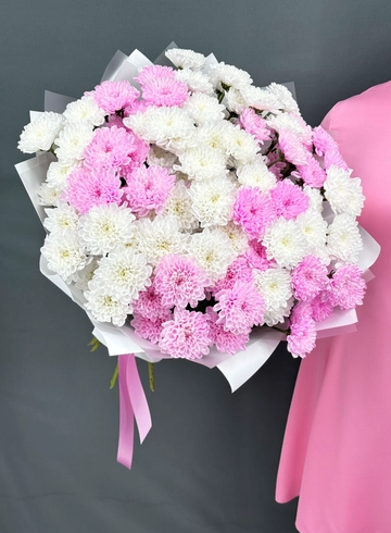 Огромный букет из 15 веток белой и розовой хризантемы. от интернет-магазина цветов в Норильске
