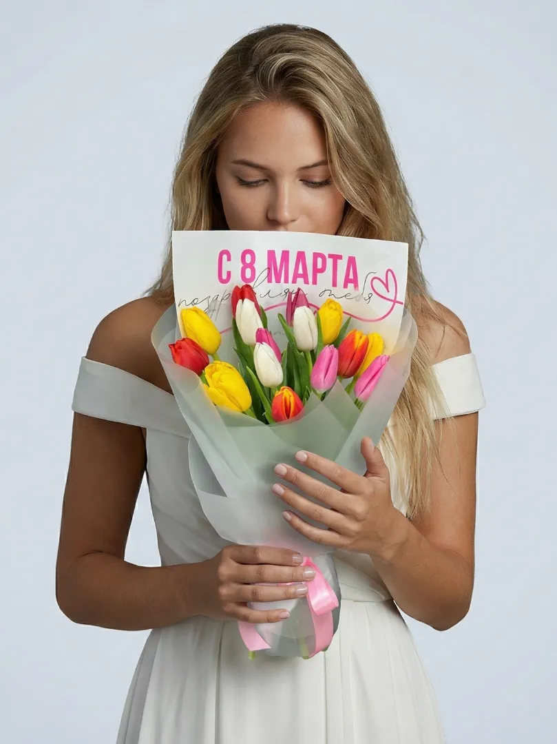 Весенний букет с разноцветными тюльпанами 15 шт «С 8 Марта»