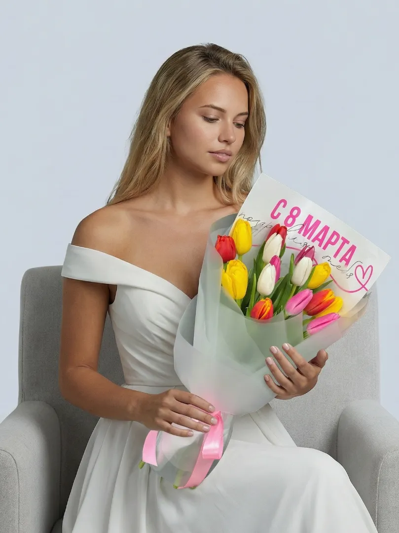 Весенний букет с разноцветными тюльпанами 15 шт «С 8 Марта»