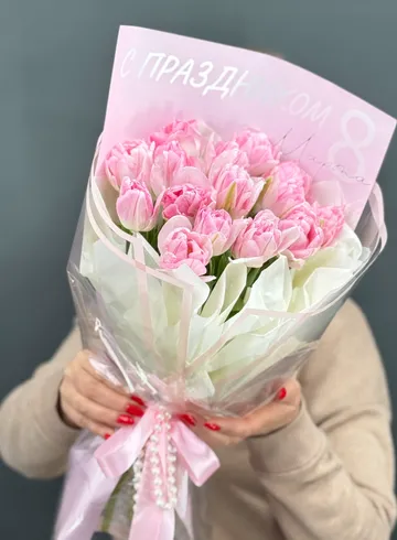 Весенний, зефирный букет из нежно- розовых пионовидных тюльпанов 15 шт от интернет-магазина цветов в Норильске
