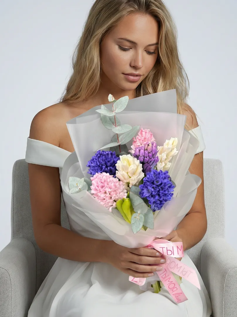 Весенний букет с ароматом сирени 7 гиацинтов микс