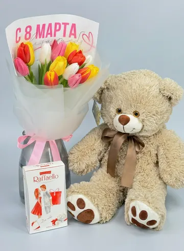 Подарочный сет &laquo; 8 Марта&raquo; букет из 15 тюльпанов, плюшевый мишка и конфеты Raffaello от интернет-магазина цветов в Норильске