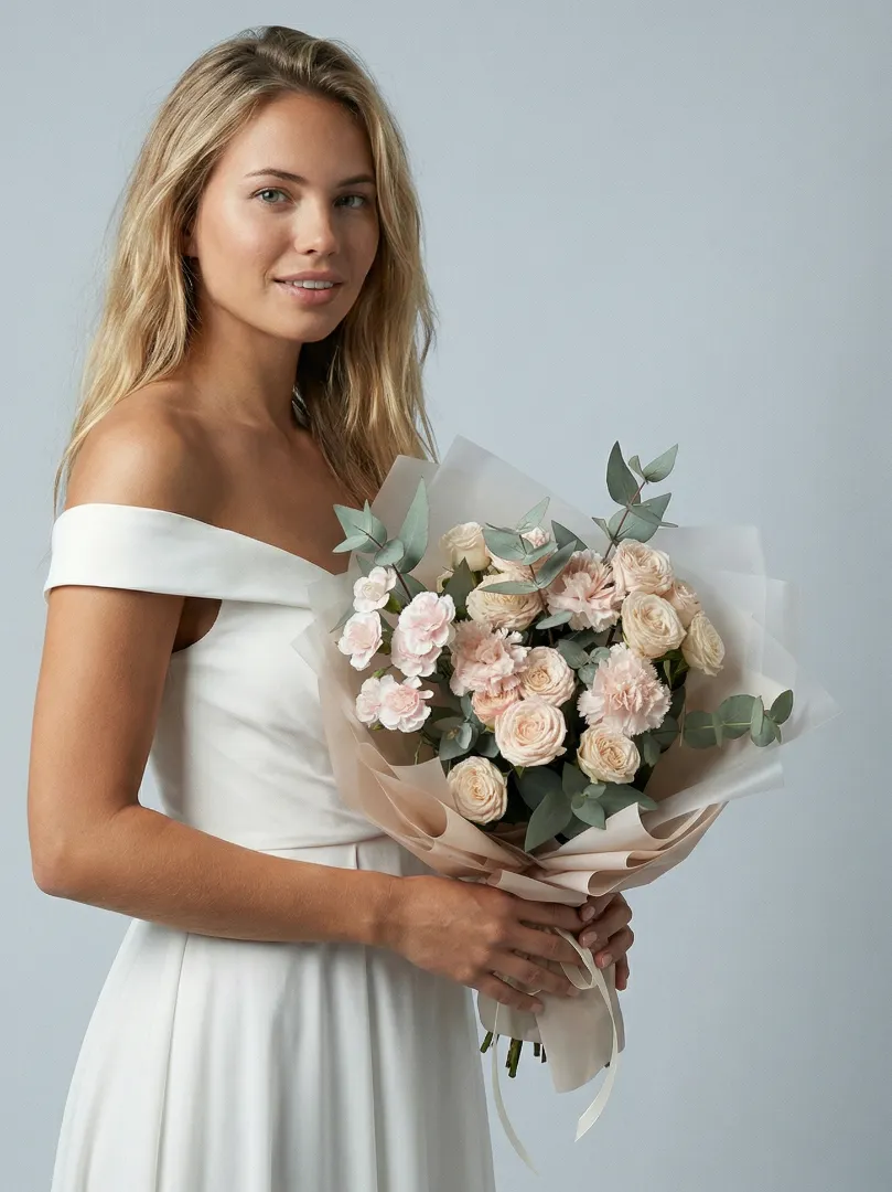 Пудровый букет пионовидные  кустовые розы, ажурные диантусы и ароматный эвкалипт