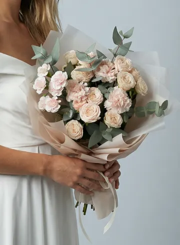 Пудровый букет пионовидные  кустовые розы, ажурные диантусы и ароматный эвкалипт от интернет-магазина цветов в Норильске