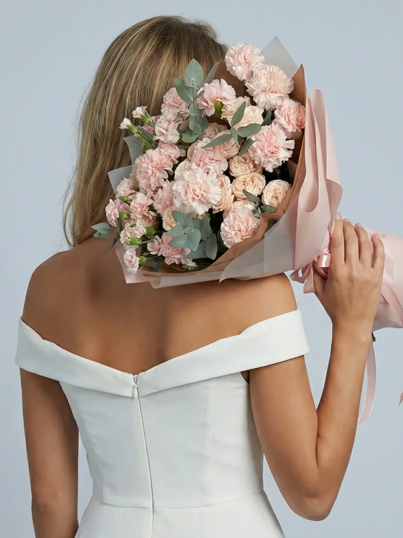 Нежно-розовый, пудровый  букет пионовидные кустовые розы и ажурные диантусы (гвоздики) с ароматным эвкалиптом