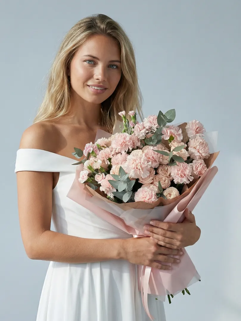 Нежно-розовый, пудровый  букет пионовидные кустовые розы и ажурные диантусы (гвоздики) с ароматным эвкалиптом