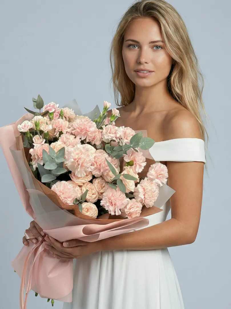 Нежно-розовый, пудровый  букет пионовидные кустовые розы и ажурные диантусы (гвоздики) с ароматным эвкалиптом