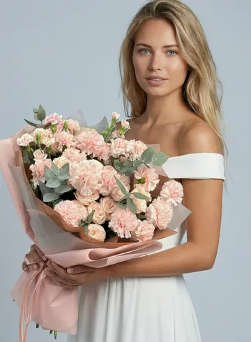 Нежно-розовый, пудровый  букет пионовидные кустовые розы и ажурные диантусы (гвоздики) с ароматным эвкалиптом от интернет-магазина цветов в Норильске