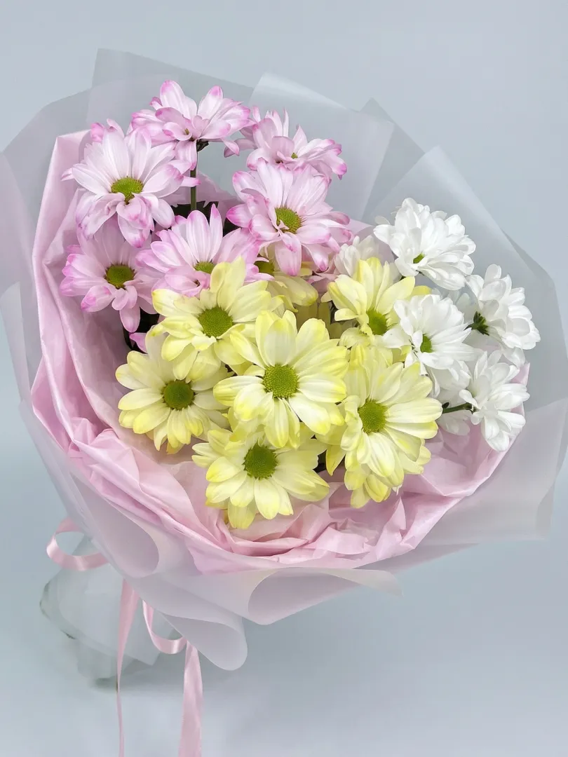 Стойкий букет белые, желтые, розовые ромашковые хризантемы