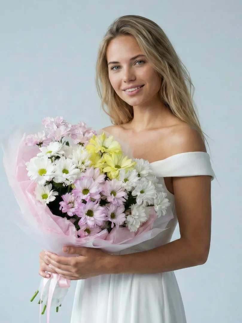 Стойкий букет белые, розовые и желтые кустовые ромашковые хризантемы