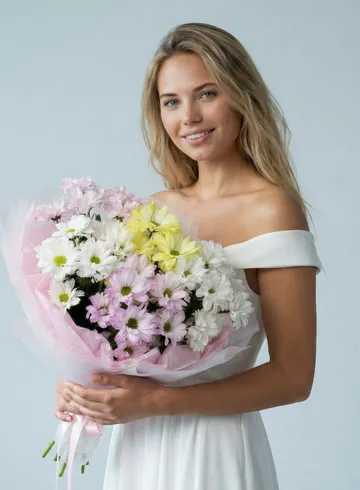 Стойкий букет белые, розовые и желтые кустовые ромашковые хризантемы от интернет-магазина цветов в Норильске