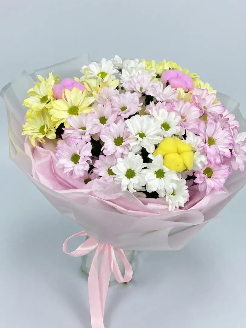 Белые, желтые, розовые кустовые, ромашковые хризантемы с хлопком