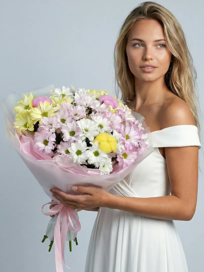 Белые, желтые, розовые кустовые, ромашковые хризантемы с хлопком