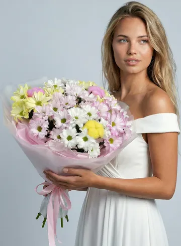 Белые, желтые, розовые кустовые, ромашковые хризантемы с хлопком от интернет-магазина цветов в Норильске