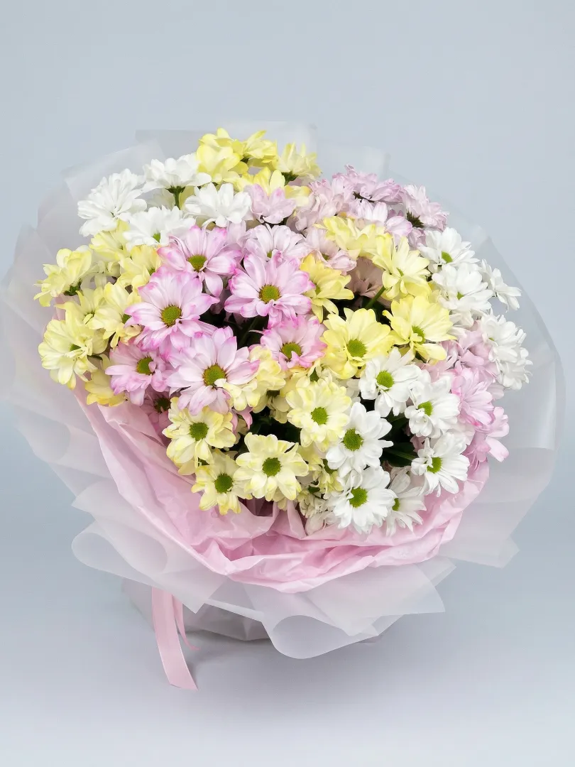 Большой, стойкий букет белые, розовые и желтые кустовые ромашковые хризантемы