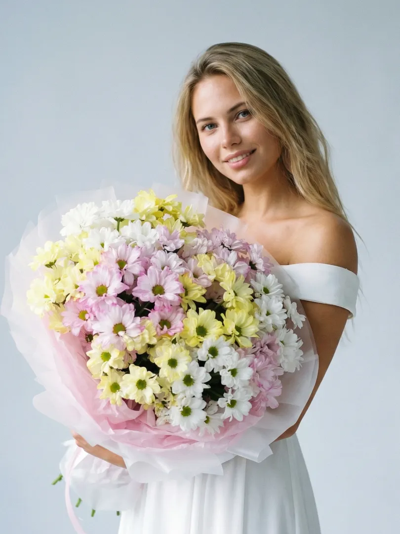 Большой, стойкий букет белые, розовые и желтые кустовые ромашковые хризантемы