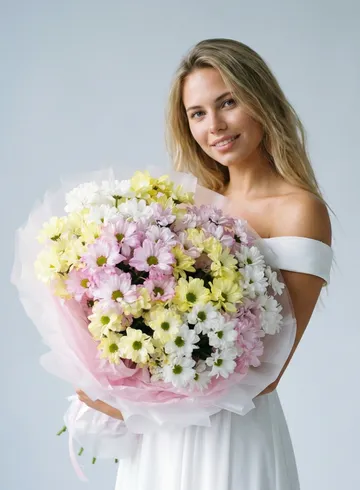 Большой, стойкий букет белые, розовые и желтые кустовые ромашковые хризантемы от интернет-магазина цветов в Норильске