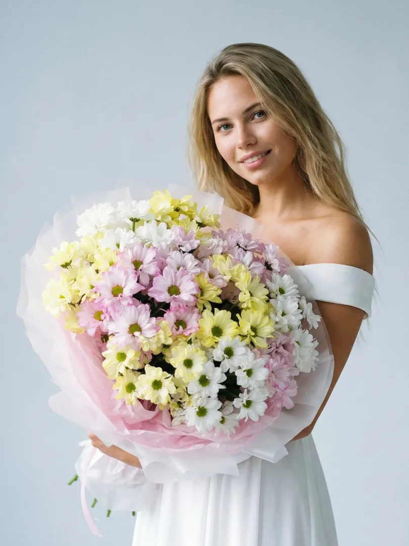 Большой, стойкий букет белые, розовые и желтые кустовые ромашковые хризантемы