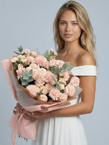 Авторский букет в пудровых тонах из нежно-розовых диантусов и кустовых роз от интернет-магазина цветов в Норильске